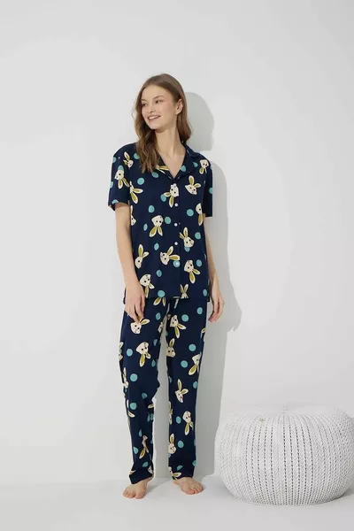 Navy Blue Rabbit Patterned Cotton Buttoned Knitted Pajamas Set