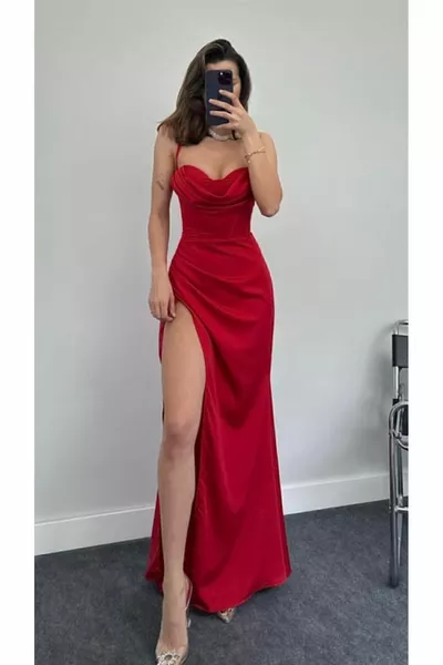 Robe de soirée femme Fine bretelle croisée Lien dans le dos Degaje Col Dos Décolleté Fente profonde