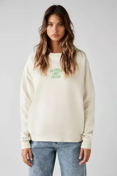 Adrielle Relaxed Fit Embroidery Printed Knitted Crew Neck Ecru Sweatshirt