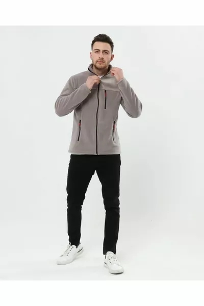 Unisex Light Grey Bato Collar Full Zipper 3 Pockets Outdoor Fleece Jacket