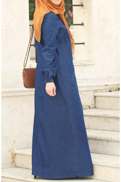 Hijab Denim Jurk Marineblauw met Robe Knopen