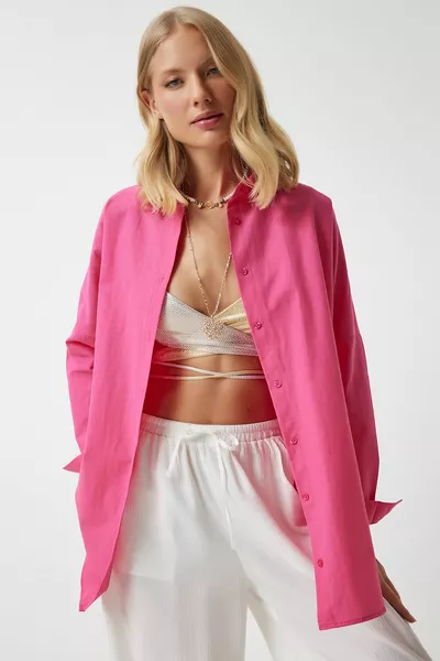 Женская темно-розовая длинная базовая рубашка оверсайз 