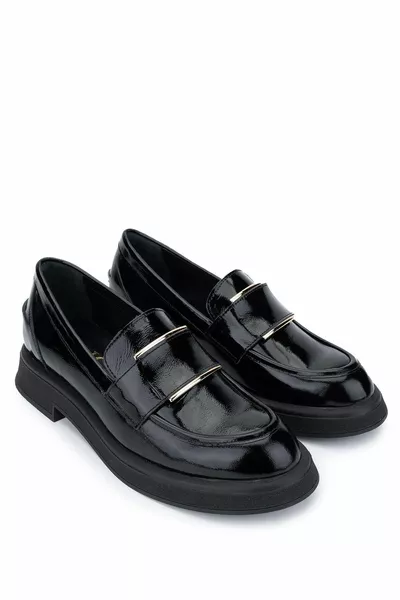 Damen Echtes Leder Schwarze Lackleder Loafer Schuhe