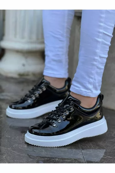 Schwarze Lackleder mit hoher Sohle und Schnürung Casual Herrenschuhe