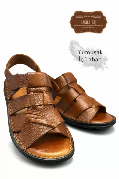 جلد الفيلكرو الصنادل الرجالية الصليب الضلع تان