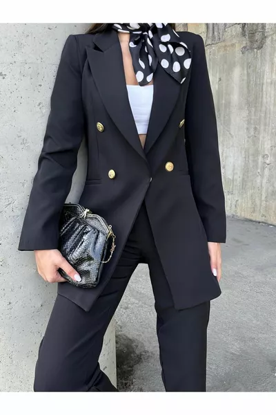 Blazer Long Bouton Doré Noir