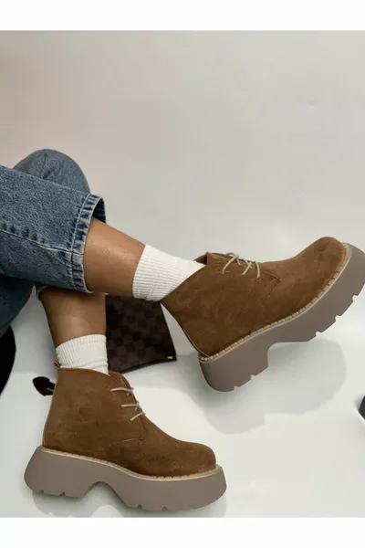 Thick Sole Lace-Up Thai Feather Suede Short Women's Boots