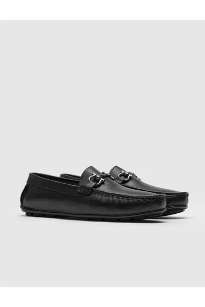 Schwarze Herren-Loafer-Schuhe aus echtem Leder mit Schnalle und Detail