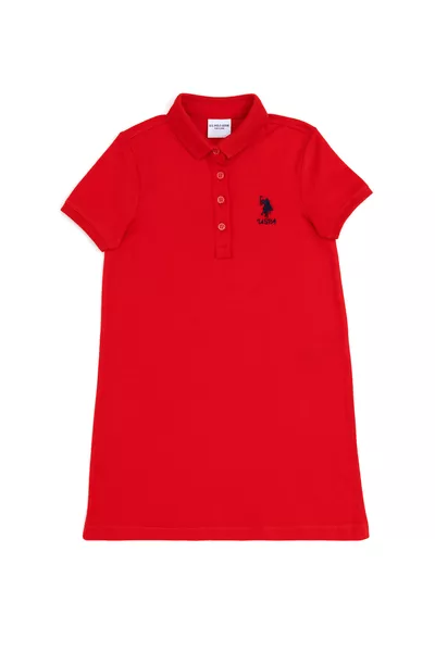 فستان بناتي منسوج بياقة بولو حمراء 