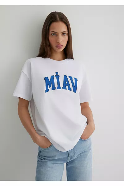 Miav Baskılı Beyaz Tişört Loose Fit / Bol Rahat Kesim 