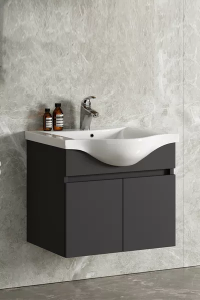 Yıldız  cm Anthracite Gray Matte MDF Wall-Mounted Bathroom Vanity with Ceramic Sink