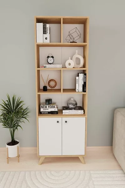 Decorative Bookshelf 2-Door 8-Compartment Bookshelf Smyrna Sapphire Oak White