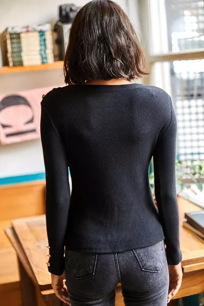 بلوزة نسائية سوداء على الكتف والأكمام بأزرار، مصنوعة من قماش ليكرا مبطَّن مبطَّن CHARDON، 