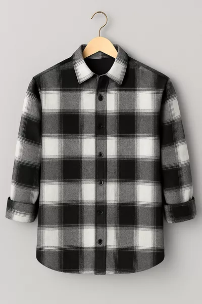 قميص خشبي رجالي مخطط بالأبيض والأسود – قصة مريحة، موضة الشتاء للموسم الجديد