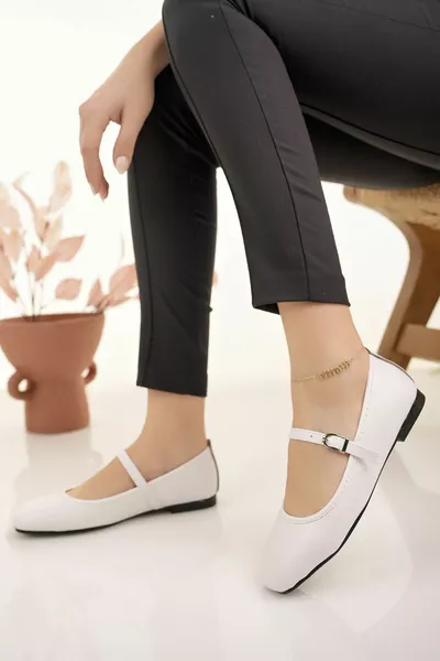 Damen Ballerinas mit weißem Riemen, gürtelähnlich, leicht, bequem, elegant, für Arbeit, Büro und Alltag