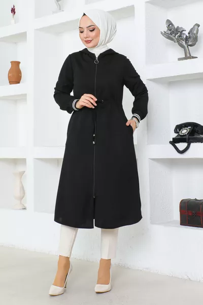 WOMEN'S HOODED LONG-SLEEVED RIBBED CUFFS MODEST COAT