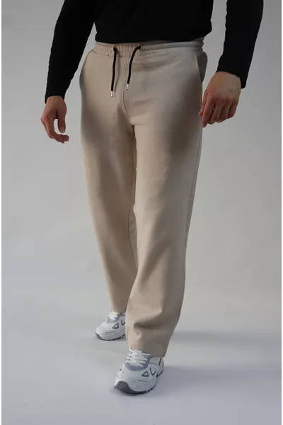 سروال رياضي واسع الحواف بلون البيج من قماش مزدوج