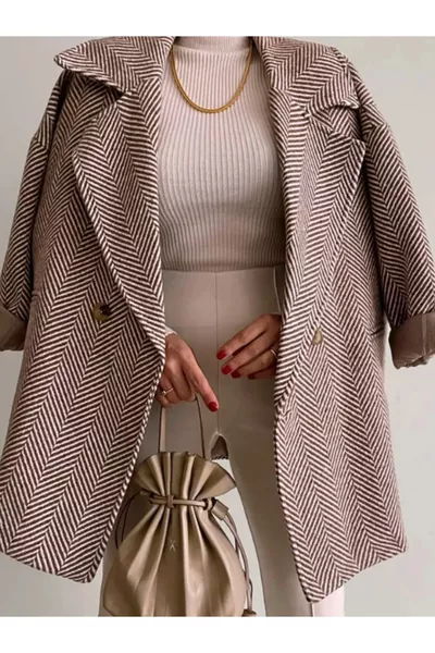 معطف صوف مبطن بنمط عظمة السمك، مقاس كبير، بلون بني