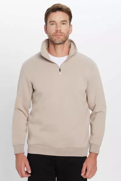 سويت شيرت برقبة عالية نصف سحاب بأكمام طويلة، قطن مريح مبطن من الداخل، بلون حجري، تصميم مريح للجنسين