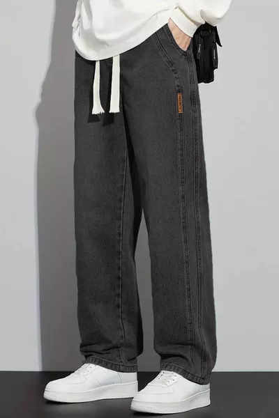 جينز رجالي رمادي غامق، واسع، خصر مطاطي، ستايل مستقيم، مرن ومريح