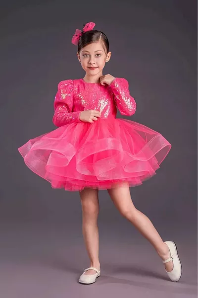 Robe Tutu pour Fille à Jupe Gren avec Sequins et Manches Longues  FUCHSIA