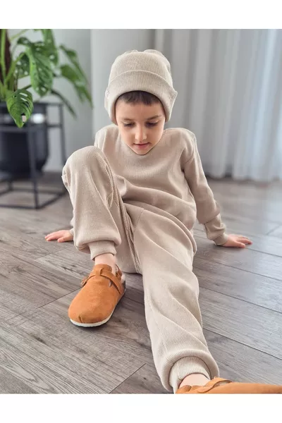 Stone Color/Nude Ribbed Unisex Baby & Kids 3-Piece Set
