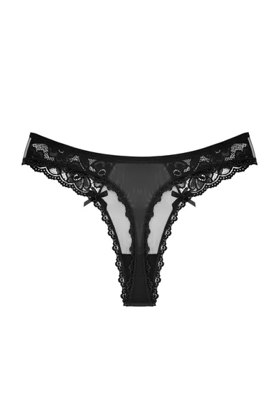 Black Front and Back Mesh Lace Detail Thong Women's Panties