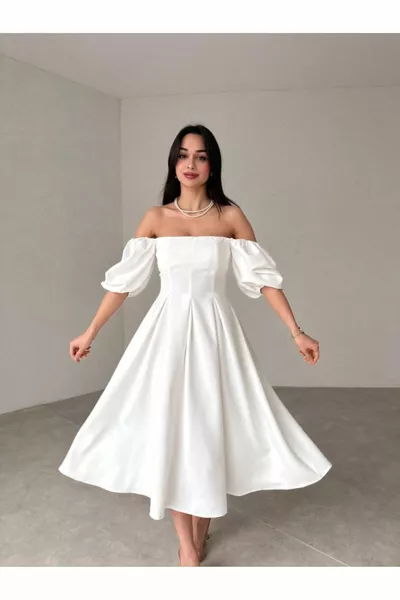 فستان متوسط الطول بكشكش وأكمام منفوخة وياقة مربعة