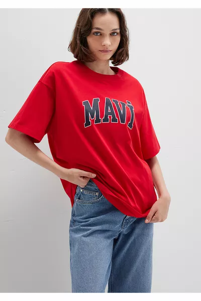 Logo Baskılı Kırmızı Tişört Oversize / Geniş Kesim 