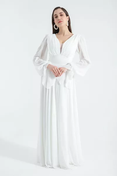 Weißes langes Chiffon-Abendkleid mit V-Ausschnitt für Damen