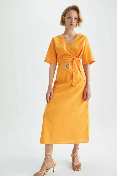 مستقيم صالح عادي الخصر الكتان مزيج تنورة ميدي sm