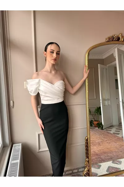 Едно рамо двоен цвят Midi дължина вечерна рокля