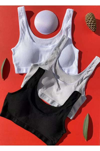 Pack of 3 Padded Ribbed Cotton Halter Tops with Thick Straps in Black, White, and Gray (M=, L=, XL=)