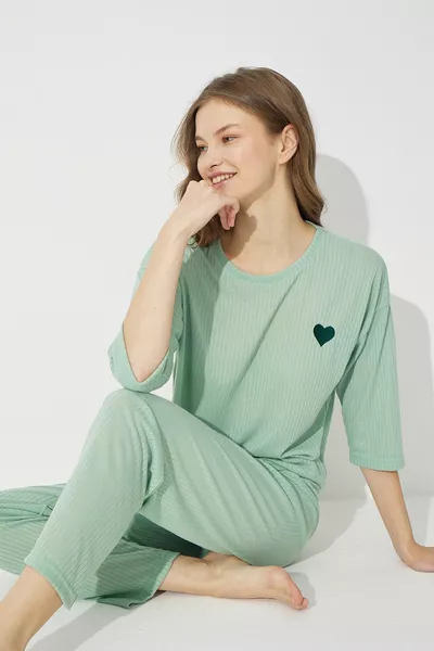 Green Soft Touch Thin Knitted Embroidered Pajama Set