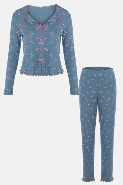 طقم بيجاما نسائي طويل الأكمام من القطن، مزخرف بنقشة الزهور المقرمشة، مع تفاصيل فيونكة وخياطة أوفرلوك للأطفال