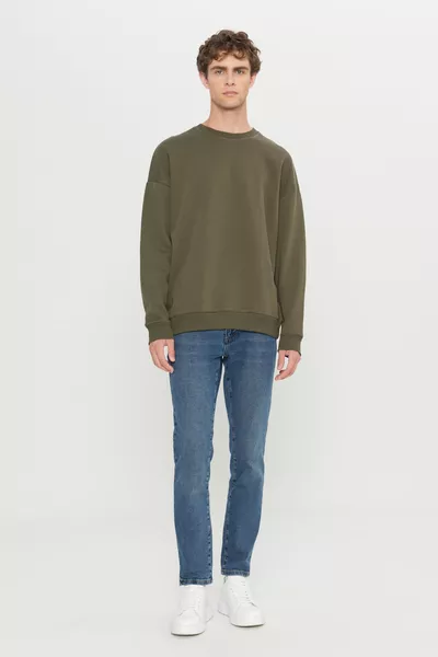 Men's Khaki Oversized Loose Fit Cotton Fleece-Lined 3-Thread Crew Neck Sweatshirt