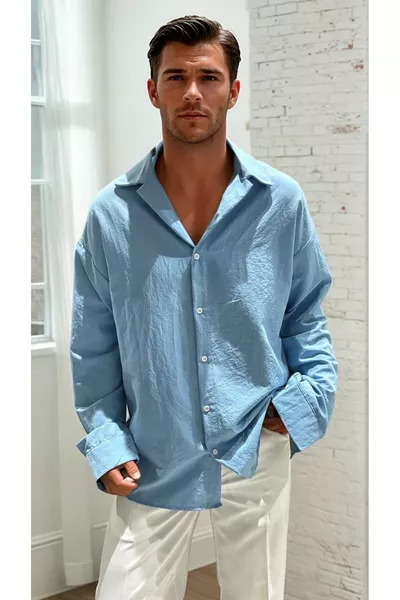 Light Blue Loose-Fit Oversized Linen-Look Ayröbin Men's Shirt