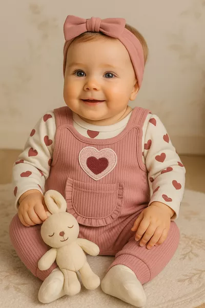 طقم رضّاع قلب للبنات المكون من 3 قطع – رومبير بأكمام، رومبير بجيب وجوارب | ملابس أطفال من 3-6-9 أشهر