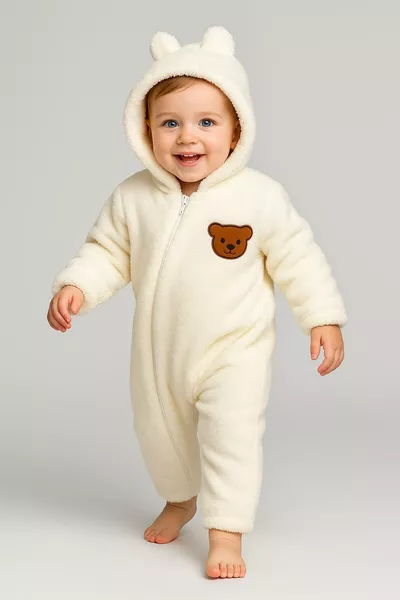 Baby-Plüschstrampler mit Kreuzreißverschluss, Bärenmotiv und Kapuze - Ecru