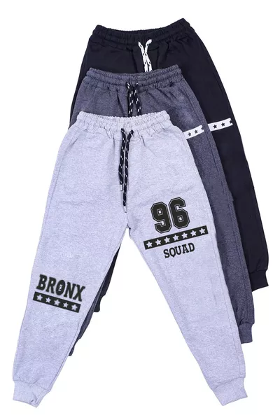Set of 3 Gray-Smoke-Black Boys' Sweatpants with Cargo Pockets and Printed Text