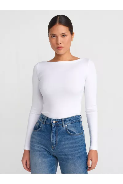  Kayık Yaka Uzun Kollu Top-Beyaz
