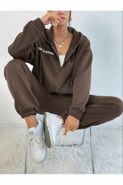 Women's 3-Thread Brown Sierra Nevada Printed Cardigan Jogger Oversize Tracksuit