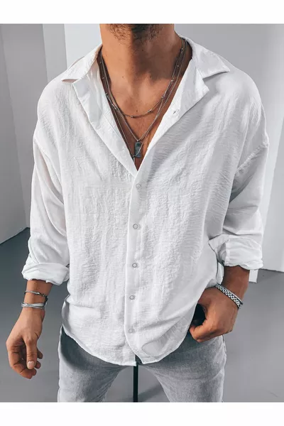 قميص رجالي أبيض واسع من الكتان مع مظهر الآيروبين خفيف للصيف