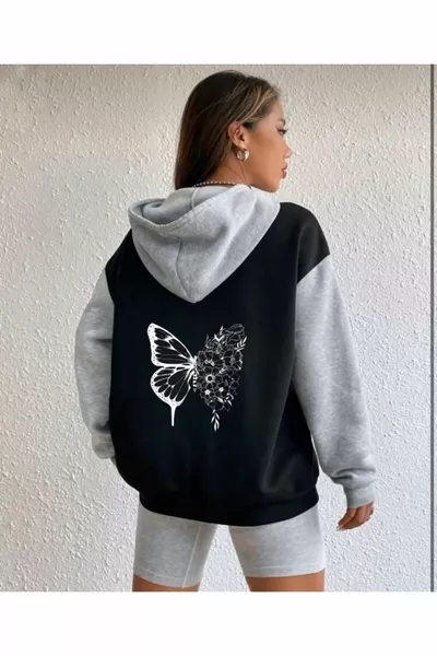 Women's Oversized Hooded Cardigan with Floral Butterfly Print in Black-Grey with Zipper Details