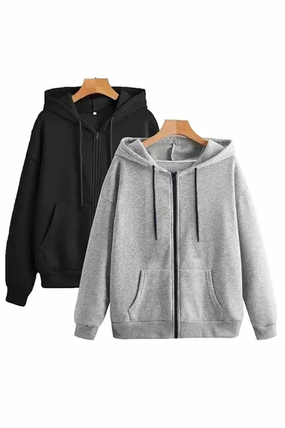 Seasonal Black and Gray Zippered Fleece Cardigan Jacket 2-Pack