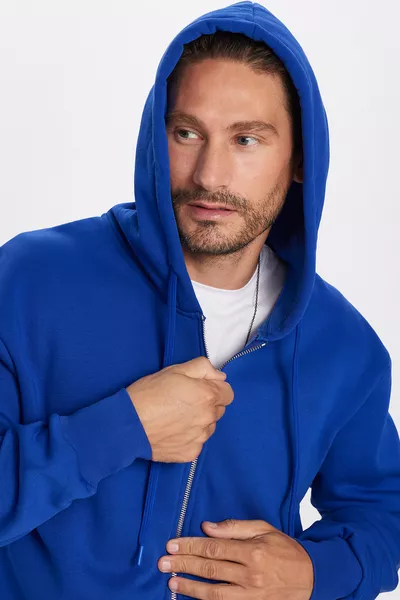 Унисекс толстовка с капюшоном, свободного кроя, хлопковая, с флисовой подкладкой, на молнии, с двумя карманами, цвет светло-синий