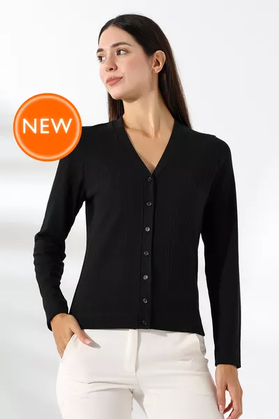 Kambia Cardigan Classico da Donna Basic a Manica Lunga con Bottoni Regular Fit - Nero
