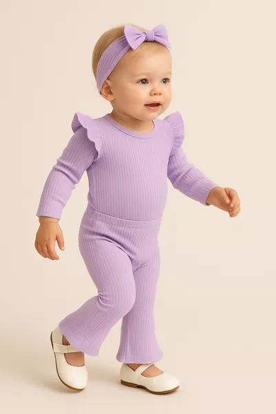 طقم بنت صغير بنطال إسباني مكون من 3 قطع عمر 0-2 سنوات ليلكي - وردي