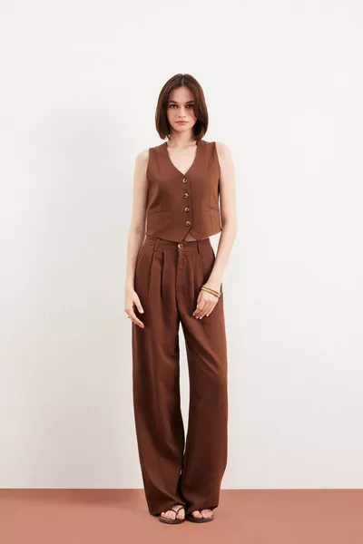 Wide Leg Linnenmix Broek Normale Taille Wijde Pijpen Met Zak En Rits Standaard Lengte SP