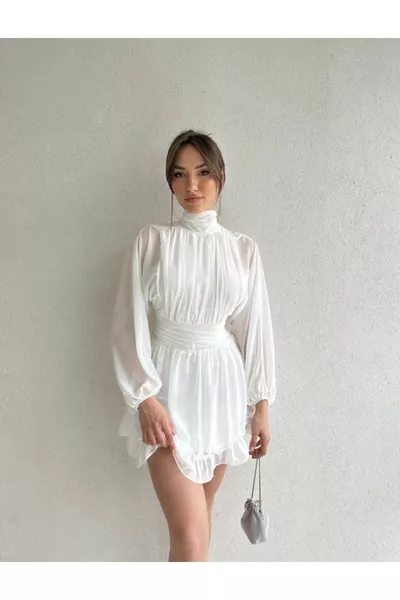 High Neck, Back Cutout, Pleated, Tulle Sleeve Mini Chiffon Dress